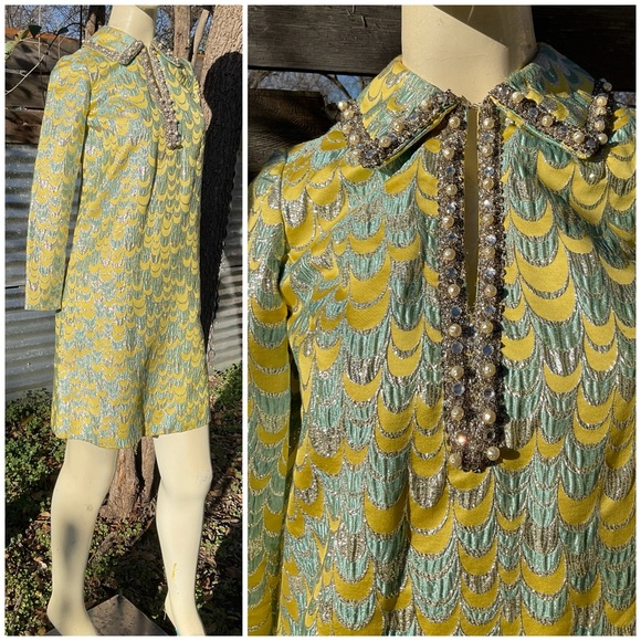 Vintage Dresses & Skirts - Vintage 60s Mod GoGo Beaded Metallic Silk Brocade Twiggy Dress Size Small